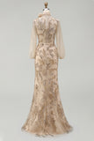 Champagne High Neck Mermaid Appliqued Mother of the Bride Dress with Bow