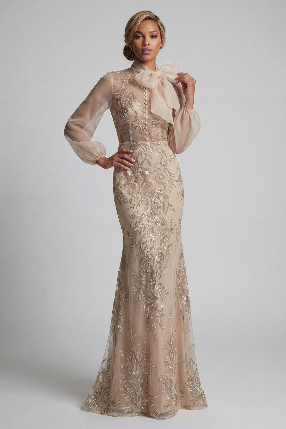 Zapaka Women Champagne Appliqued Mother of the Bride Dress Mermaid High Neck Long Sleeve Wedding Guest Dress with Bow – ZAPAKA