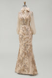 Champagne High Neck Mermaid Appliqued Mother of the Bride Dress with Bow