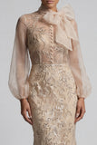 Champagne High Neck Mermaid Appliqued Mother of the Bride Dress with Bow