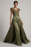 Olive Appliqued V Neck Mother of the Bride Jumpsuit with Flutter Sleeves