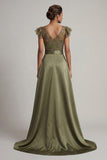 Olive Appliqued V Neck Mother of the Bride Jumpsuit with Flutter Sleeves