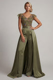 Olive Appliqued V Neck Mother of the Bride Jumpsuit with Flutter Sleeves