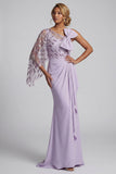 Lilac Sequin Mermaid One Shoulder Mother of the Bride Dress with Cape