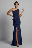 Navy One Shoulder Long Beaded Mermaid Mother of the Bride Dress with Ruffles