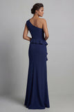 Navy One Shoulder Long Beaded Mermaid Mother of the Bride Dress with Ruffles