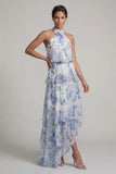 Halter Asymmetrical Light Blue A Line Floral Dress with Ruffles