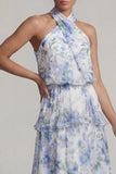 Halter Asymmetrical Light Blue A Line Floral Dress with Ruffles