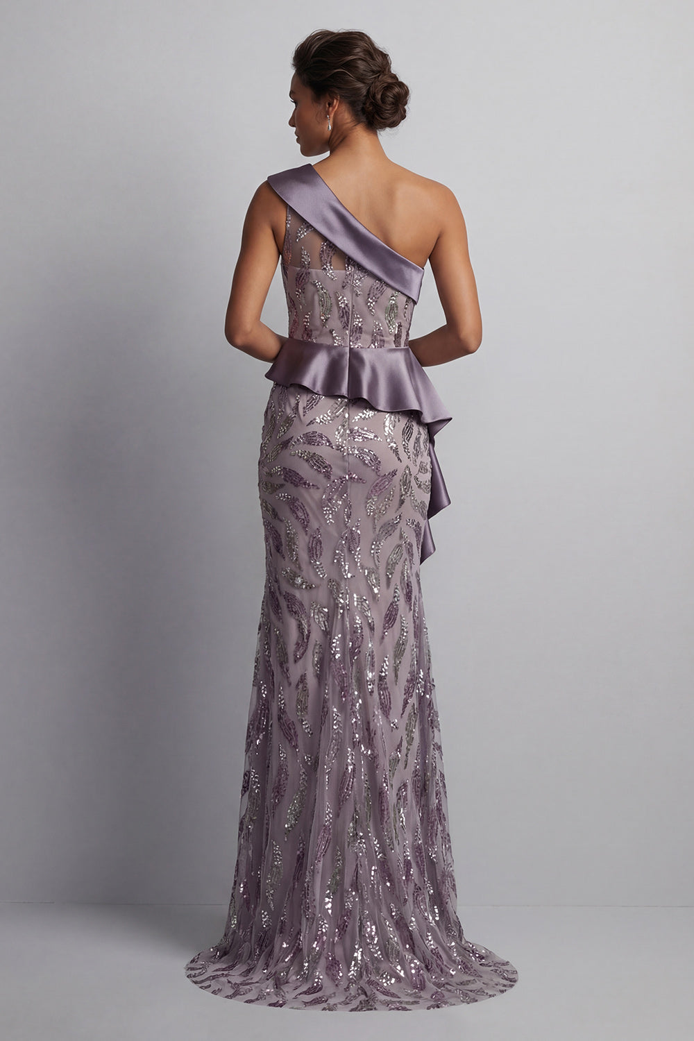 Zapaka Women Sparkly Vintage Mauve Mother of the Bride Dress Ruffled Long Mermaid Beaded One Shoulder Wedding Guest Dress, Vintage Mauve / US6