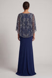Sparkly Navy Sequins V-Neck Mermaid Mother Of the Bride Dress with Cape