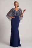 Sparkly Navy Sequins V-Neck Mermaid Mother Of the Bride Dress with Cape
