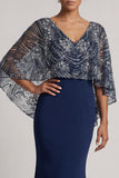 Sparkly Navy Sequins V-Neck Mermaid Mother Of the Bride Dress with Cape