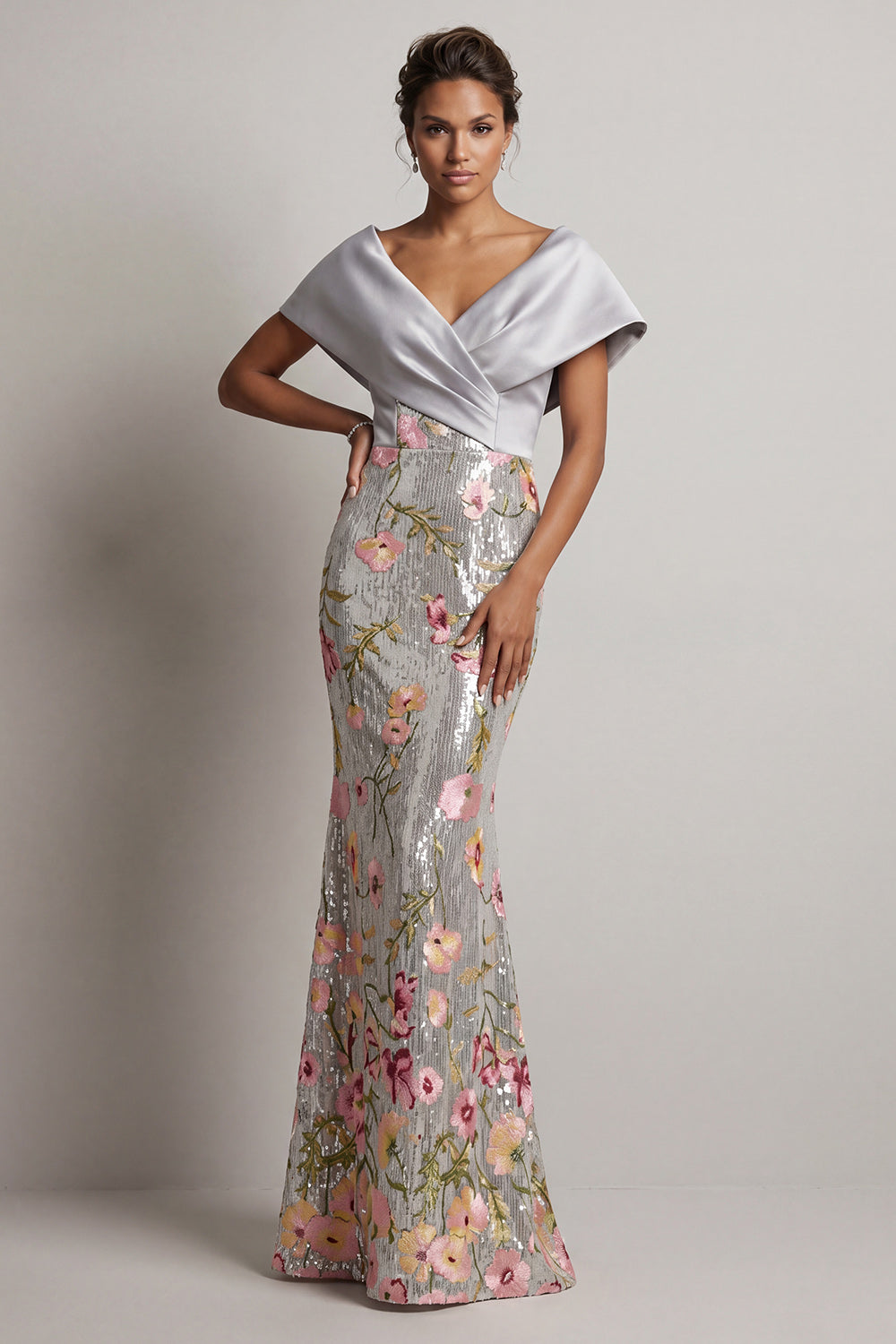 silver sparkly mother of the bride dresses Zapaka Women Sparkly Silver Mother Of the Bride Dress Floral Sequin Long V-Neck Mermaid Wedding Guest Dress, Silver / US26W