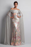 Sparkly Silver Sequin Floral Mermaid Long Mothe Of the Bride Dress with Cape