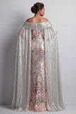 Sparkly Silver Sequin Floral Mermaid Long Mothe Of the Bride Dress with Cape