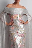 Sparkly Silver Sequin Floral Mermaid Long Mothe Of the Bride Dress with Cape