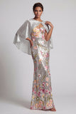 Sparkly Floral Silver Sequin Mermaid Long Mother Of the Bride Dress with Cape