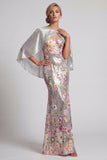 Sparkly Floral Silver Sequin Mermaid Long Mother Of the Bride Dress with Cape