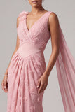Pink Floral V-Neck Mermaid Long Mother Of the Bride Dress with Streamer