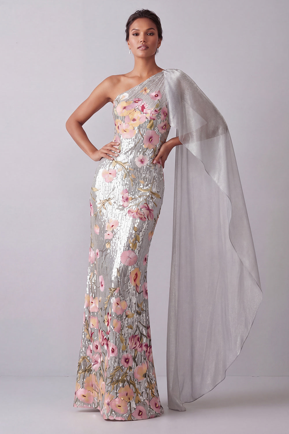 silver mother of bride dress Zpaka Women Sparkly Silver Floral Sequin Long Mother Of The Bride Dress with Side Cape One Shoulder Mermaid Wedding Guest Dress, Silver / US20W