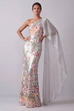 Sparkly Silver Floral Sequin One Shoulder Long Mother Of the Bride Dress with Side Cape