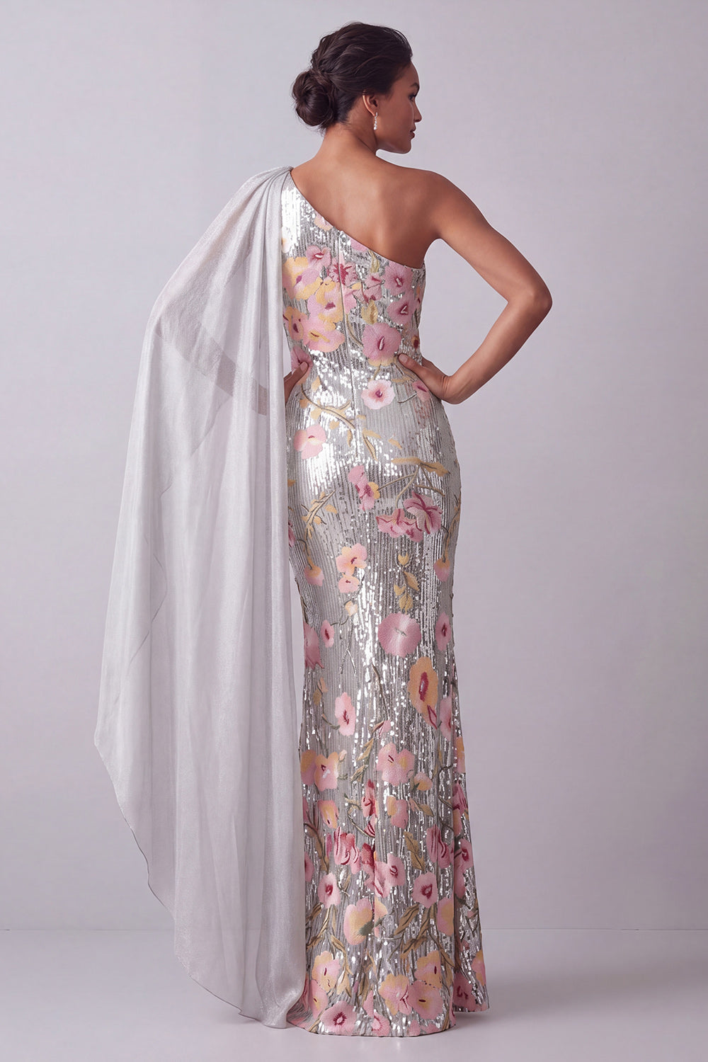silver grey wedding guest dress Zpaka Women Sparkly Silver Floral Sequin Long Mother Of The Bride Dress with Side Cape One Shoulder Mermaid Wedding Guest Dress, Silver / US20W