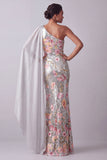 Sparkly Silver Floral Sequin One Shoulder Long Mother Of the Bride Dress with Side Cape