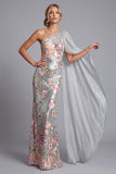 Sparkly Silver Floral Sequin One Shoulder Long Mother Of the Bride Dress with Side Cape