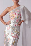 Sparkly Silver Floral Sequin One Shoulder Long Mother Of the Bride Dress with Side Cape