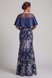 Navy Floral Mermaid Beaded Long Mother Of the Bride Dress with cape