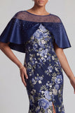 Navy Floral Mermaid Beaded Long Mother Of the Bride Dress with cape