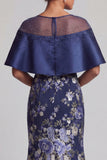 Navy Floral Mermaid Beaded Long Mother Of the Bride Dress with cape