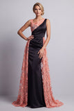 Watermelon and Black Mermaid Ruched Long Mother Of the Bride Dress with Cape