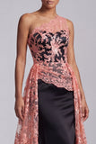 Watermelon and Black One Shoulder Lace Mermaid Long Mother Of the Bride Dress with Cape