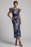 Navy Floral Sheath Ruffle Sleeves Long Mother Of the Bride Dress