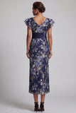 Navy Floral Sheath Ruffle Sleeves Long Mother Of the Bride Dress