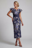 Navy Floral Sheath Ruffle Sleeves Long Mother Of the Bride Dress
