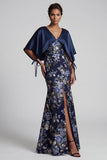 Navy Floral Mermaid Long Mother Of the Bride Dress with Cape