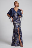 Navy Floral Mermaid Long Mother Of the Bride Dress with Cape