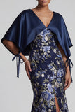 Navy Floral Mermaid Long Mother Of the Bride Dress with Cape
