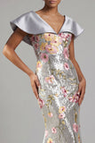 Sparkly Silver Floral Sequin Mermaid Long Mother Of the Bride Dress with Cape