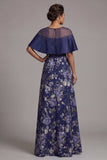 Navy Floral Beaded A Line Long Mother Of the Bride Dress with Cape