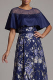 Navy Floral Beaded A Line Long Mother Of the Bride Dress with Cape