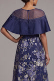 Navy Floral Beaded A Line Long Mother Of the Bride Dress with Cape