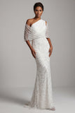 Sparkly White Beaded Mermaid One Shoulder Long Mother Of the Bride Dress
