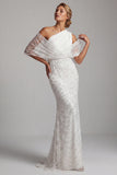 Sparkly White Beaded Mermaid One Shoulder Long Mother Of the Bride Dress