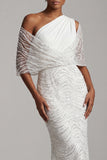 Sparkly White Beaded Mermaid One Shoulder Long Mother Of the Bride Dress