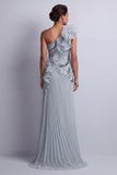 Sparkly Dusty Blue Chiffon Ruffled One Shoulder Long Mother Of the Bride Dress