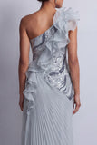 Sparkly Dusty Blue Chiffon Ruffled One Shoulder Long Mother Of the Bride Dress