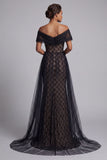 Black Plaid Beaded Mermaid Long Mother Of the Bride Dress with Cape